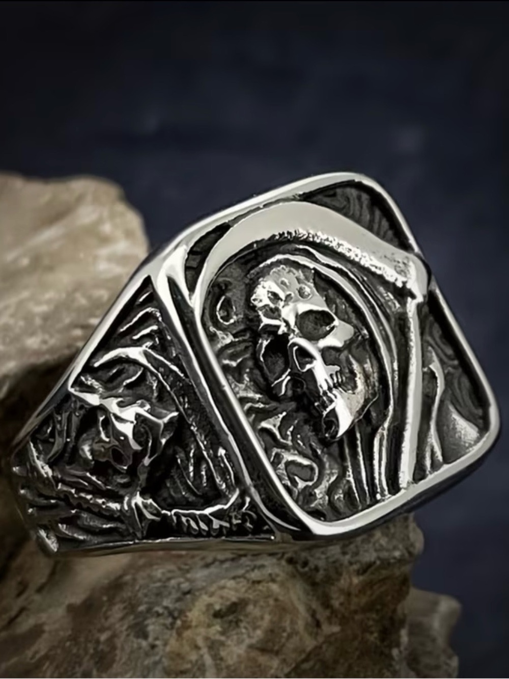 Men's Silver Grim Reaper Skull Signet Ring